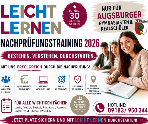 Online Nachhilfe Augsburg in den Sommerferien Bayern Lehrplan Realschule Gymnasium Mittelschule Grundschule Vorbereitung Nachprüfung gut vorbereitet ins neue Schuljahr