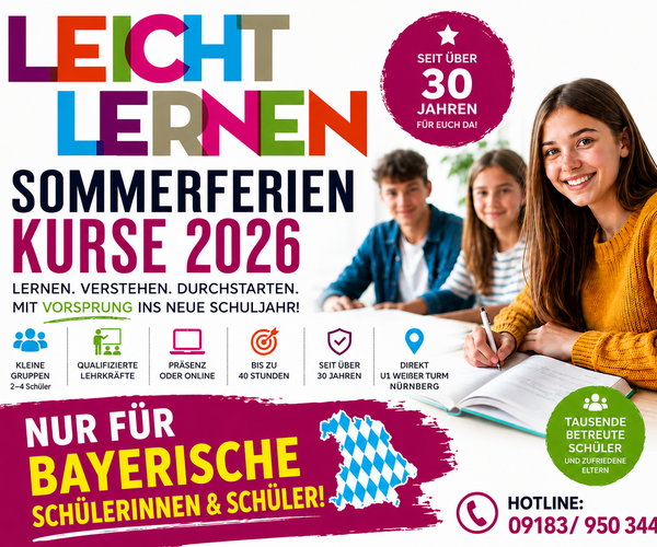 Online Nachhilfe in den Sommerferien Bayern Lehrplan Realschule Gymnasium Mittelschule Grundschule Vorbereitung Nachprüfung gut vorbereitet ins neue Schuljahr