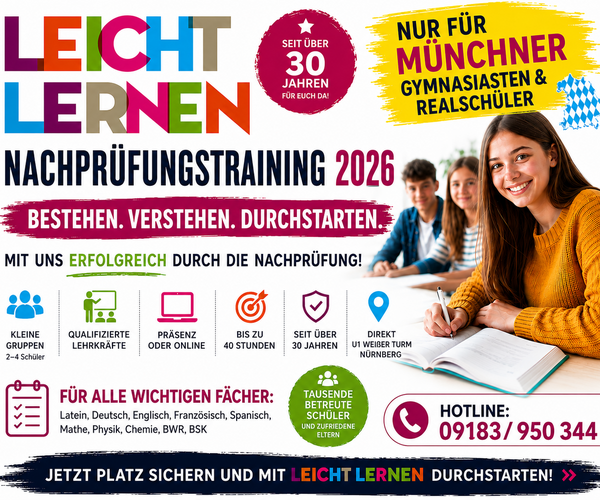 Online Nachhilfe München in den Sommerferien Bayern Lehrplan Realschule Gymnasium Mittelschule Grundschule Vorbereitung Nachprüfung gut vorbereitet ins neue Schuljahr
