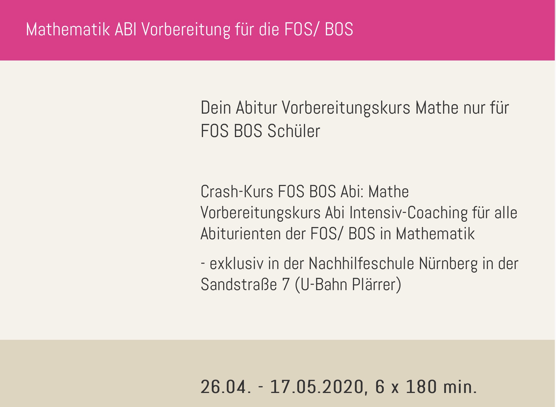 Abi Crashkurs Mathe FOS BOS Nürnberg an der Nachhilfeschule Nürnberg am Plärrer