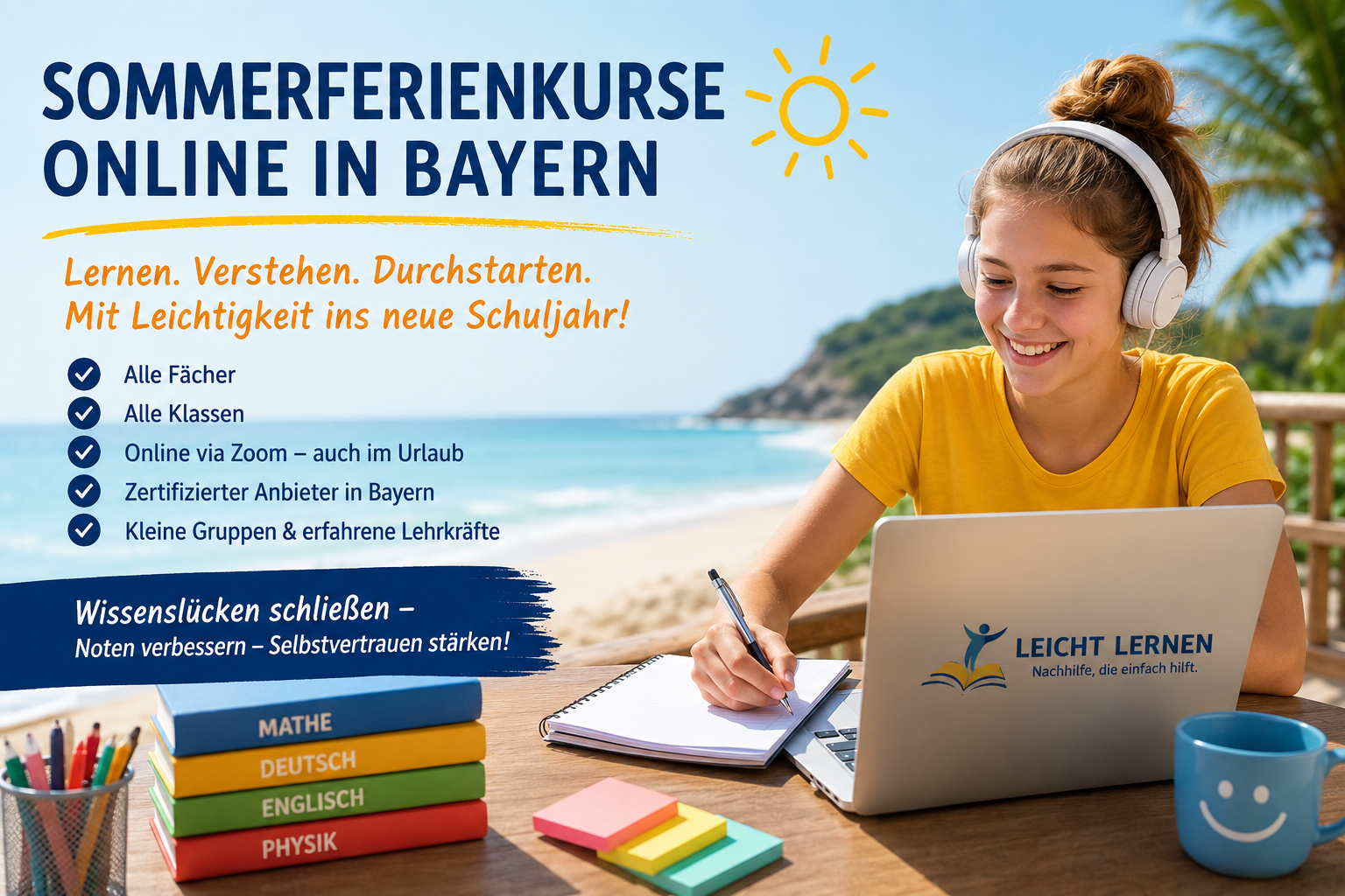 Online-Sommerferienkurse in Bayern für alle Klassen und Fächer. Wissenslücken schließen, sicher ins neue Schuljahr starten – auch bequem aus dem Urlaub via Zoom.